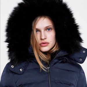 BLACK PARKA COAT FUR TRIMMED HOOD & GOLD HARDWARE